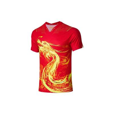 Li Ning Serie Ping Pong Stampa Totem Drago Maglietta Sportiva Manica Corta Regular Uomo Top Rosso AAYR359-1