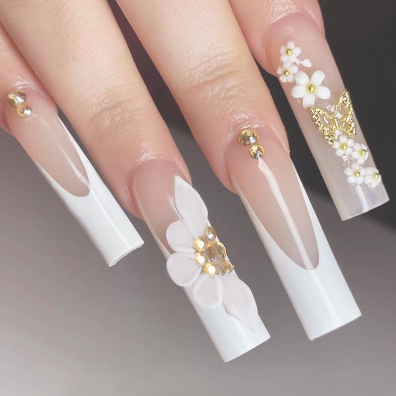 

European & American Handmade Long White French Tip Nails with 3D Flowers