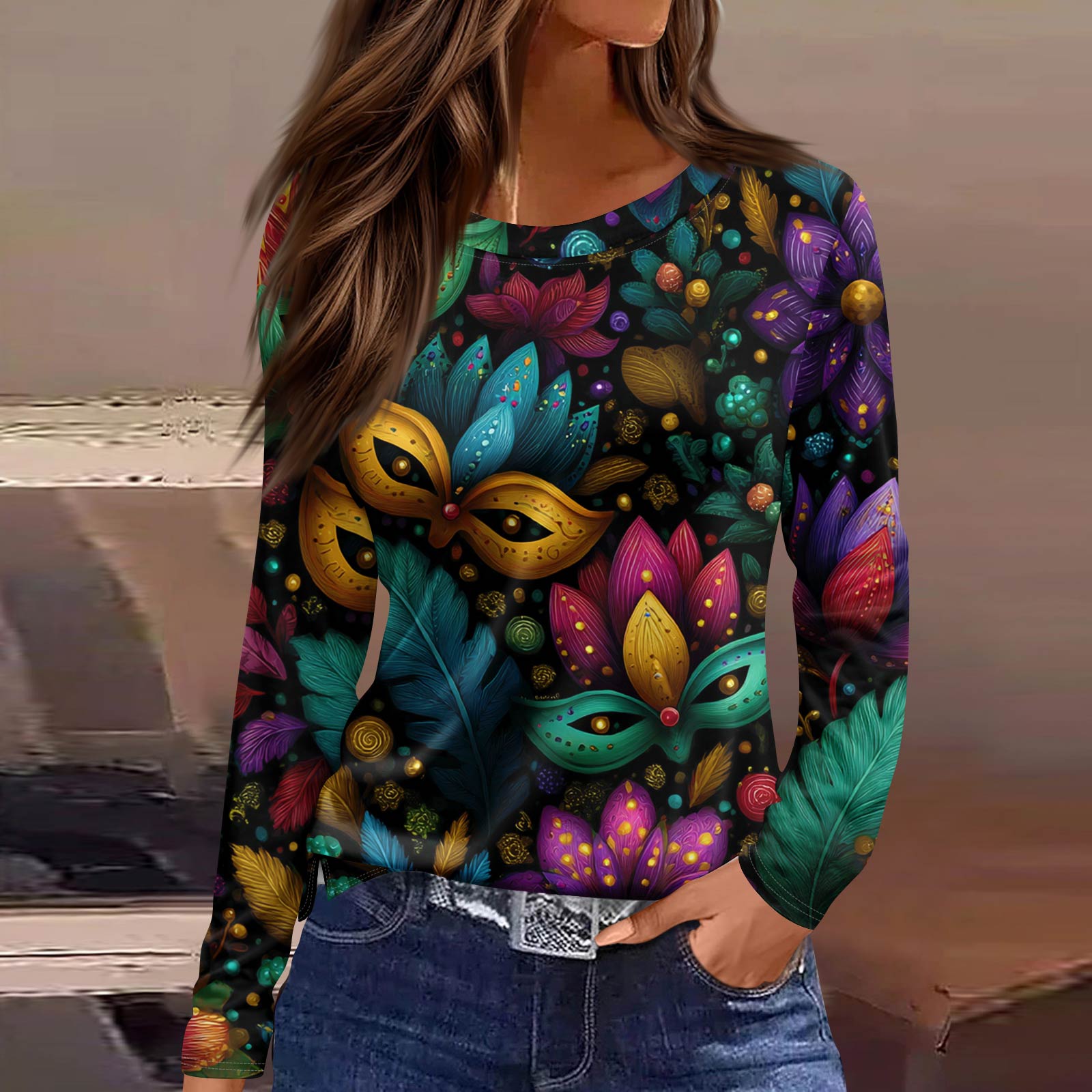 

Женская модная повседневная футболка с длинным рукавом, разрезом по подолу и принтом в карнавальном стиле XL