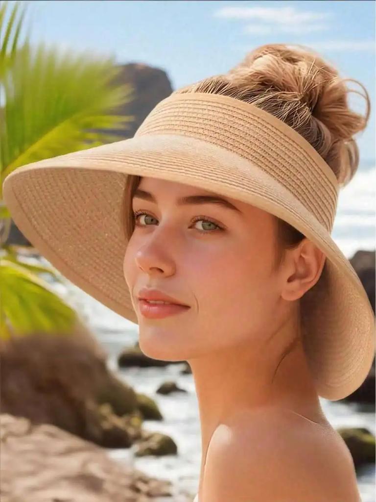 Women's Beige Bohemian Elegant Straw Sun Hat - Foldable Summer Beach Hat With Bow Decor, UV Protection, Adjustable Size,