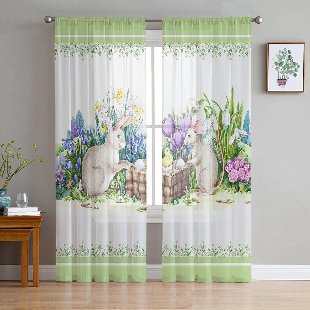 Easter Truck Bunny Butterfly Cherry Blossom Curtains Living Room Voile Curtain Bedroom Tulle Window Drapes Sheer Made Of Polyester Sitting Decor