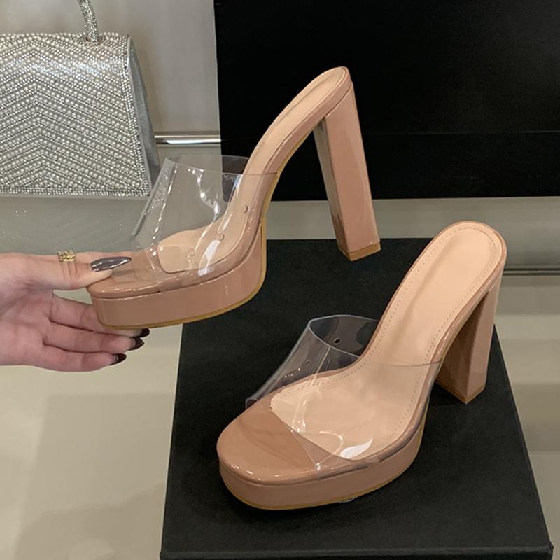 Summer Square Toe 12CM Thick High Heels Platform Slippers Ladies Chunky Sandals PVC Transparent Shoes Women Zapatos Mujer