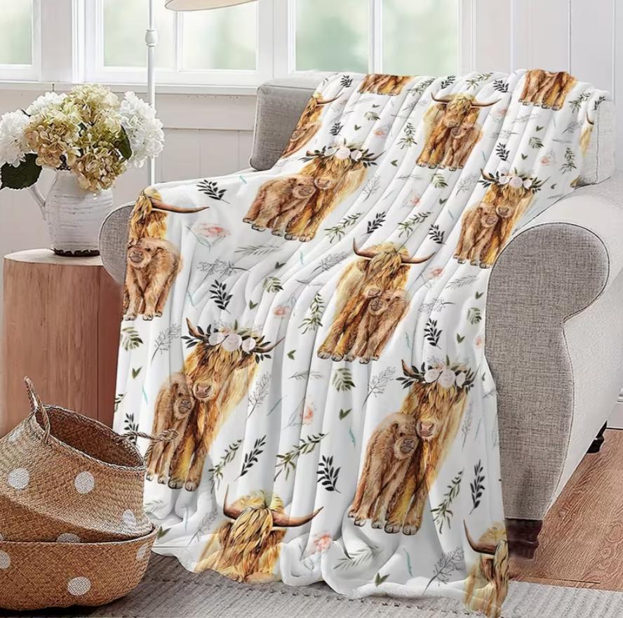 Cozy Cow Print Flannel Throw Blanket Soft Warm Reversible for Couch Bed Travel Machine Washable All-Season Comfort Blanket Bed