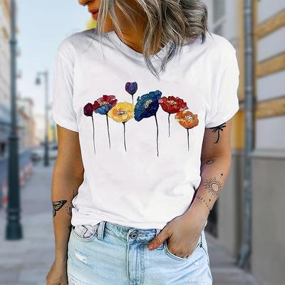 Damen Sommer T-Shirt Schöner Blumendruck Retro Mode Kurzarm T-Shirts Lässig Bedruckte Oberteile