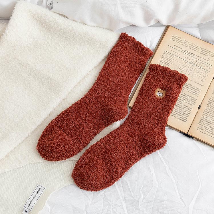 1pair Coral Fleece Sleeping Socks Home Socks Women's Mid-tube Autumn and Winter Embroidery Bear Cute Plus Velvet Thick Warm Long Tube