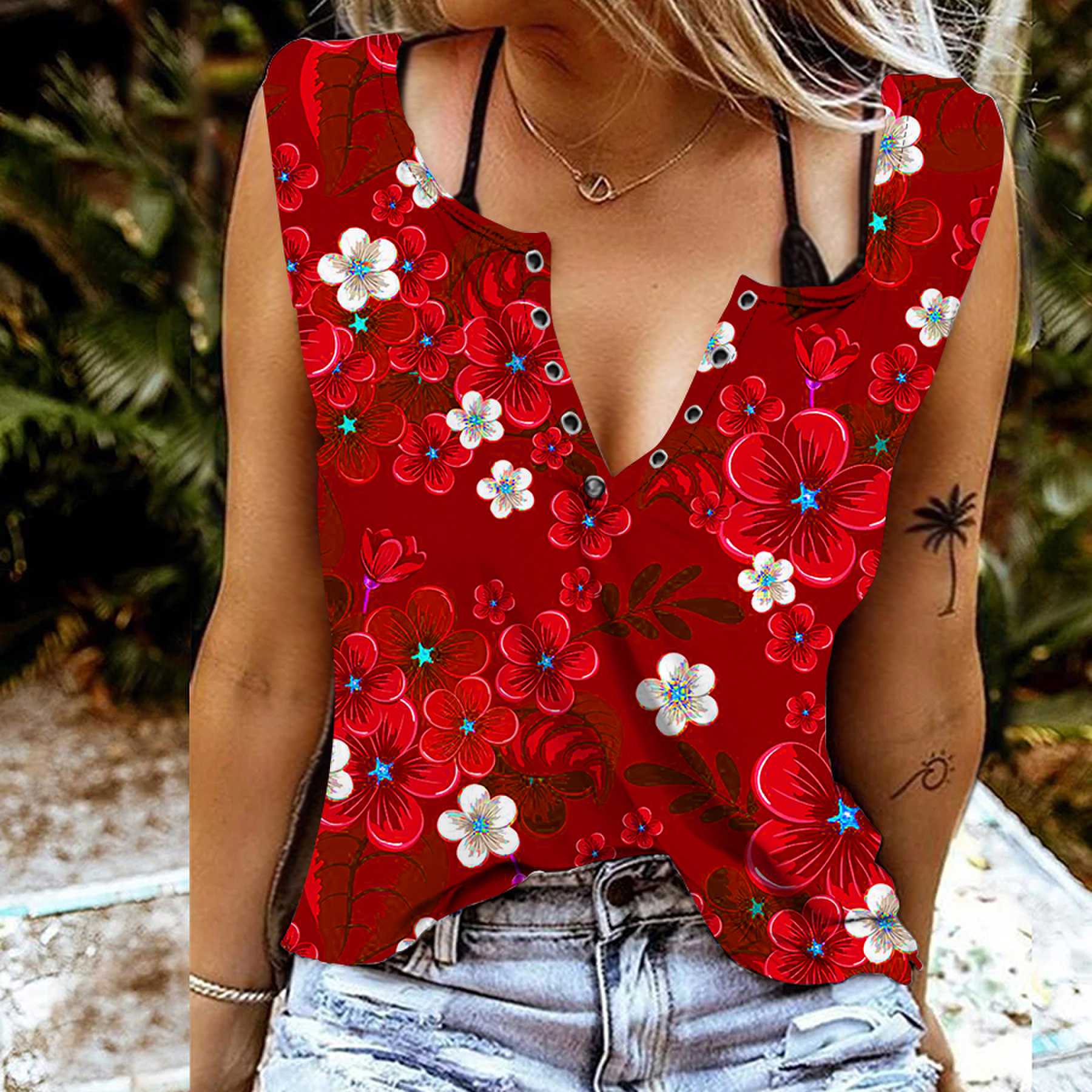 

Женские майки, сексуальные летние топы без рукавов с v-образным вырезом, жилет с 3D красивым цветочным принтом, крутые легкие топы 3XL красный