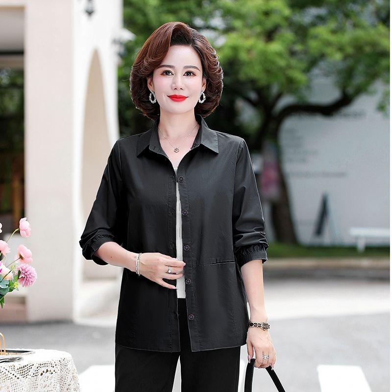 Women S Middle Aged Autumn Thin Polo Neck 3 4 Sleeve Loose Fit Shirt