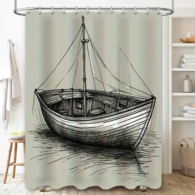 Black And White Sketch Style Boat Shower Curtain Decor A Chic Addition For Your Bathroom With This Stylish Boat-Themed Shower Cu