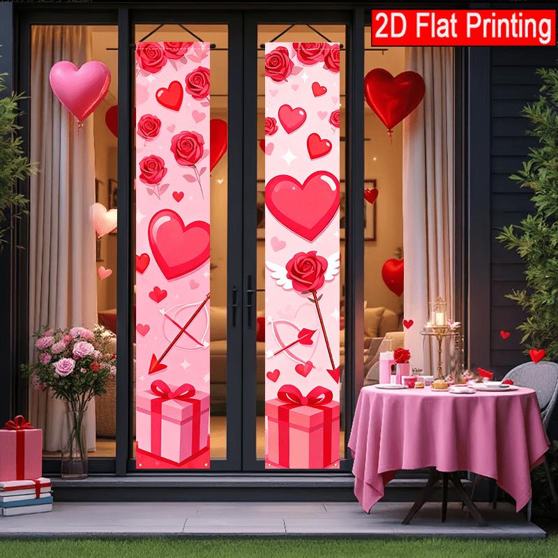 2D Flat - 2pcs 2D Flat Valentine'S Day Porch Banner | 30.48x179.83 cm Polyester Door Couplet with Pink and Red Heart-Shaped Balloon Design, Suitable f