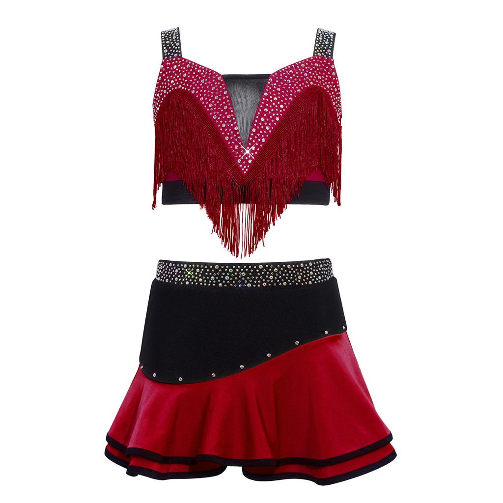 Kinder Mädchen Farbblock Latin Dance Crop Top Breite Schulterträger Quasten Strasssteine mit elastischem Bund Rock für Tango Rumba Gesellschaftstanz Performance
