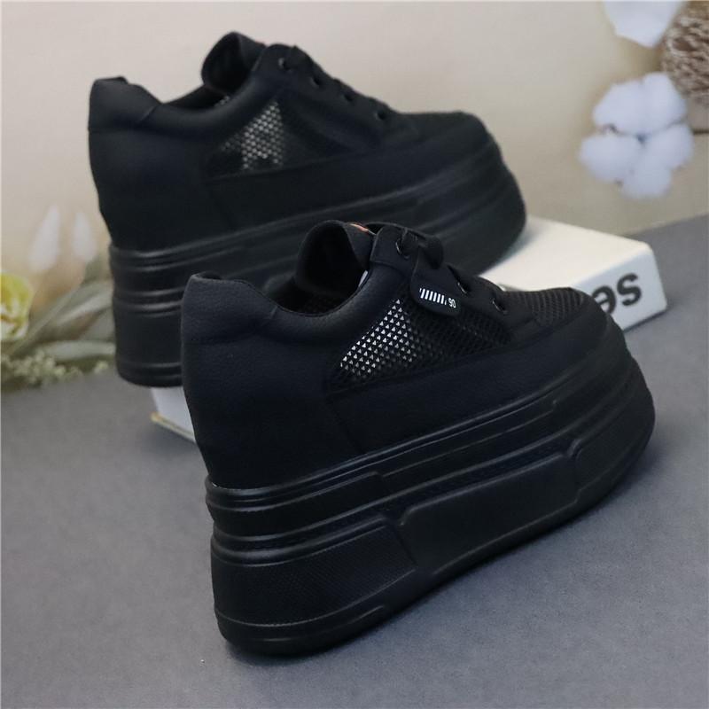 Fashion 12CM Women Summer Air Mesh Genuine Leather Shoes Vulcanize Platform Wedge Microfiber Platform Wedge Hollow Slides Sandals