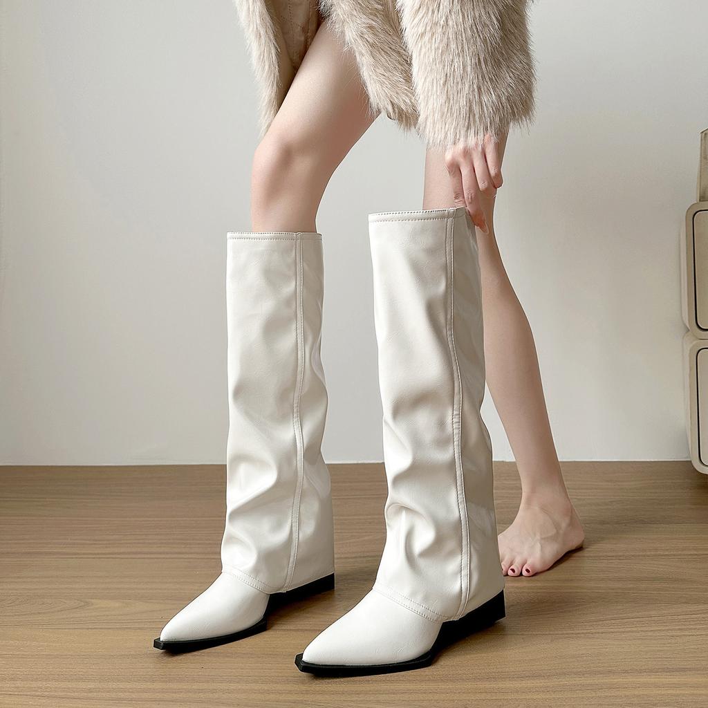 Niszowy design, skośny obcas, szpiczaste, skórzane, ocieplane kozaki, kozaki rycerskie 2025 jesień i zima, temperament, wszechstronne, wyszczuplające kozaki