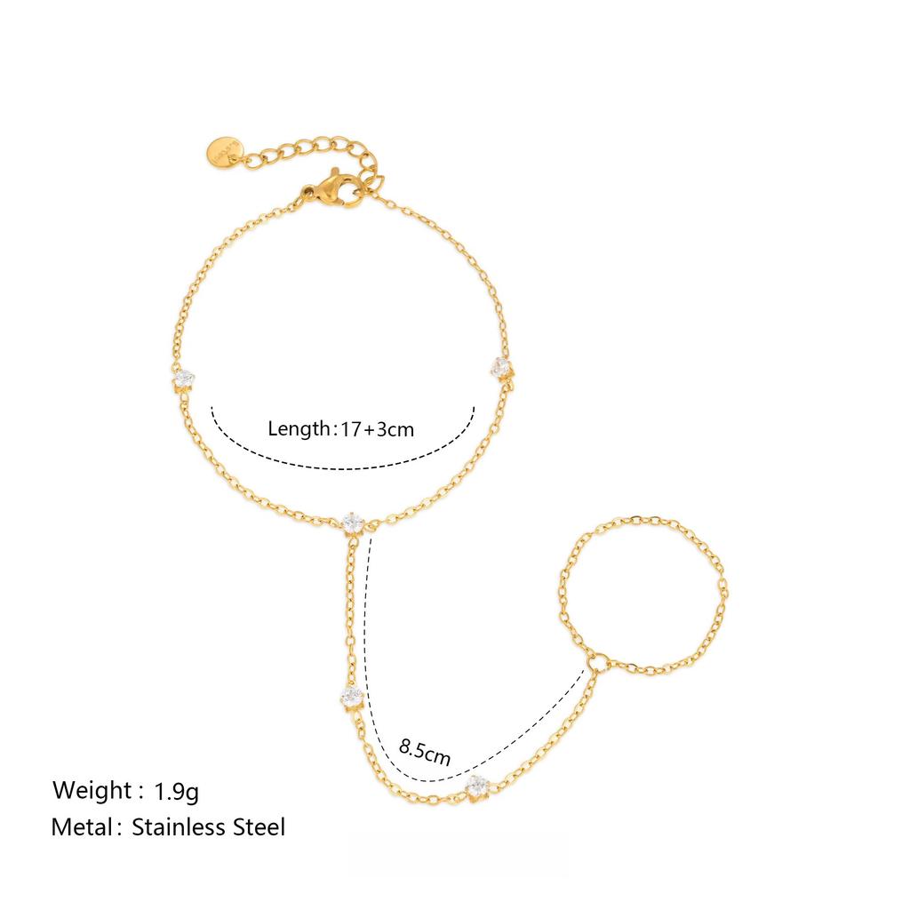 Stainless Steel 18k Gold Plated Minimalist Sparkling Zircon Hand Chains Y-Shaped Ring Bracelets for Women Tarnish Free Jewelry