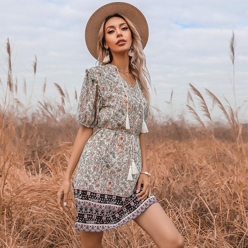 YYFS Dámské ležérní šaty Vintage Bohemia Summer Jarní květinový potisk s krátkým rukávem a výstřihem do V