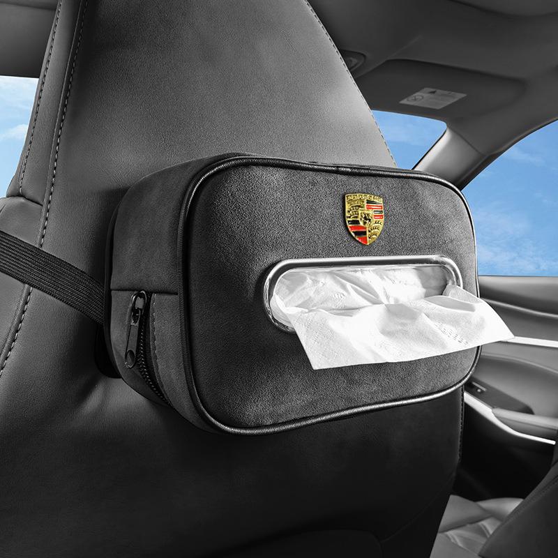 

Car Interior Tissue Box Suede Sun Visor Seat Back Hanging Bag For Porsche Cayenne Panamera Macan 911 718 918 Taycan Boxster