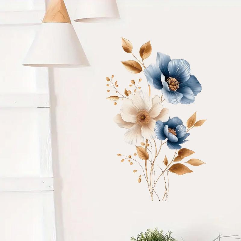 Simulated Blue White Floral Gold Leaves Wall Sticker Self-Adhesive Removable for Bedroom Hallway Elegant Home Decor Art