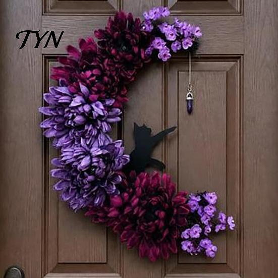 Indoor Dark Theme Soft Furnishings Halloween Black Cat Moon Wreath, Gothic Crescent Grapevine Wreath with Style Holiday Home Accents Rose Flowers,