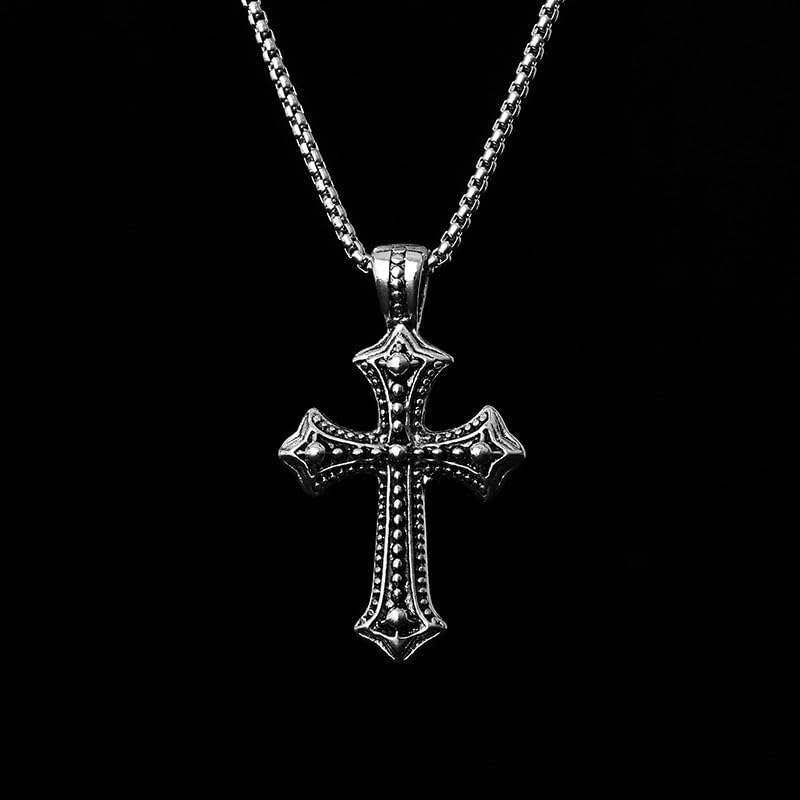 Silver Cross Pendant Necklace with Titanium Venetian 70cm Punk Boyfriend Gift [Rockyu] Men's Dots, Engraved, Stylish, Steel, Chain, Long, Amulet,