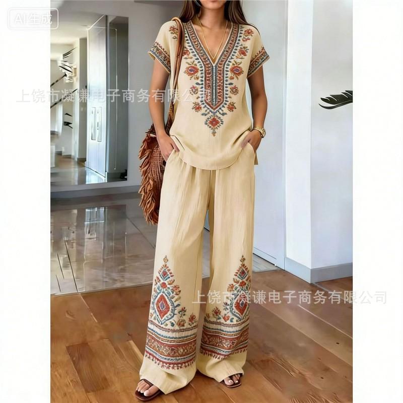 Y116 Summer Loose Top Wide-leg Pants Two-piece Women's Clothing European and American Fashion Suit