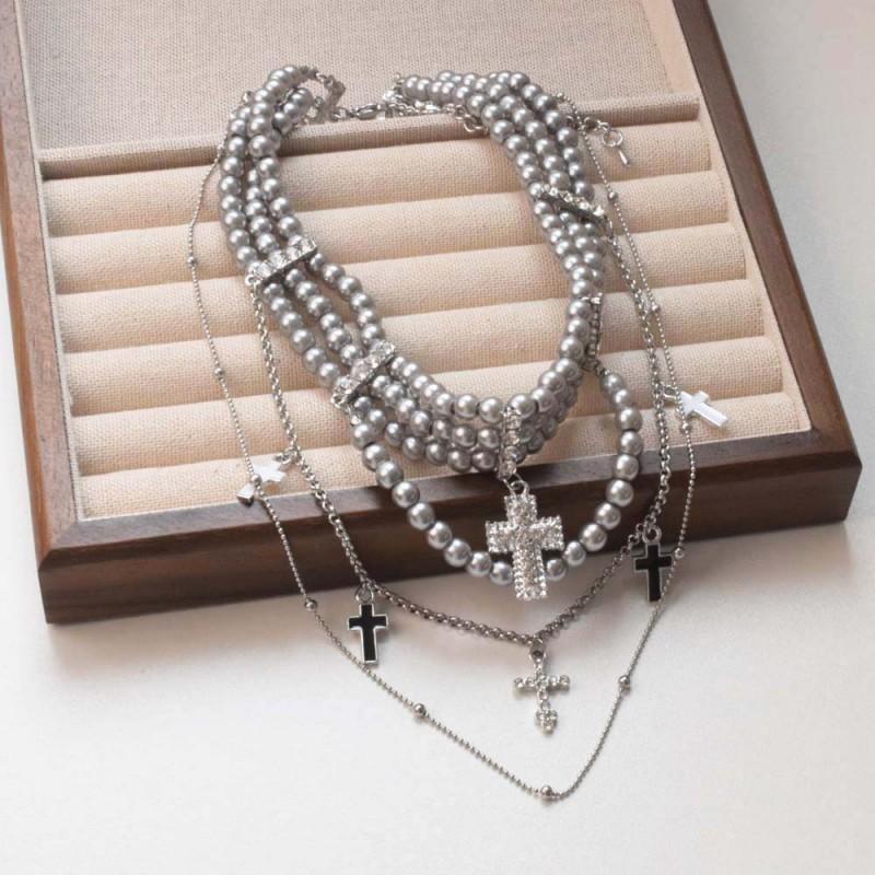Layered Tassel Cross Pendant Pearl Necklace Women Alloy Choker Chain Geometric Boho Chic Statement Jewelry
