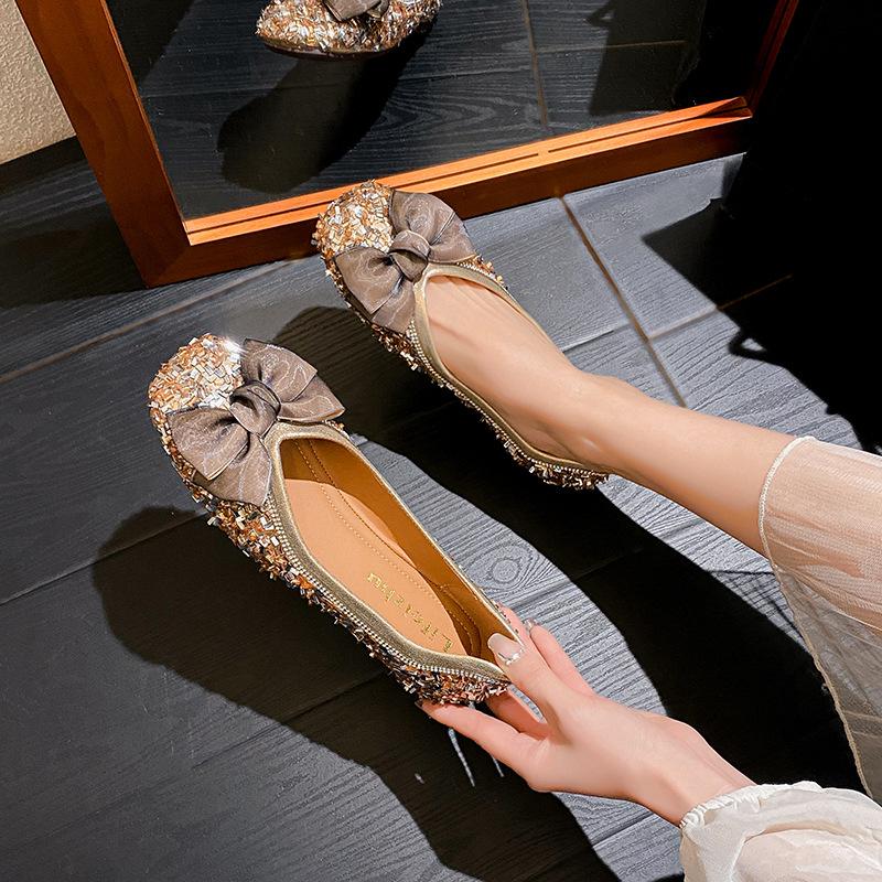 

Модные туфли-балетки с кружевным бантом и блестками, женские мокасины на мягкой подошве, увеличивающие рост, хрустальные блестящие балетки, женские, большой размер 43 43 золотой