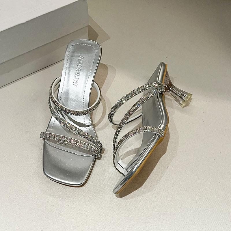 Two Wear Cool Slippers Female Summer Wear New Rhinestone Fairy Wind Crystal Thick Heel Sandals Internet Celebrity Open Toe High Heel Sandals
