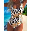 Traje de baño de una pieza con estampado geométrico sexy de verano, corte ajustado y adelgazante, diseño de espalda baja en U profunda, traje de baño de moda llamativo para playa, piscina y vacaciones