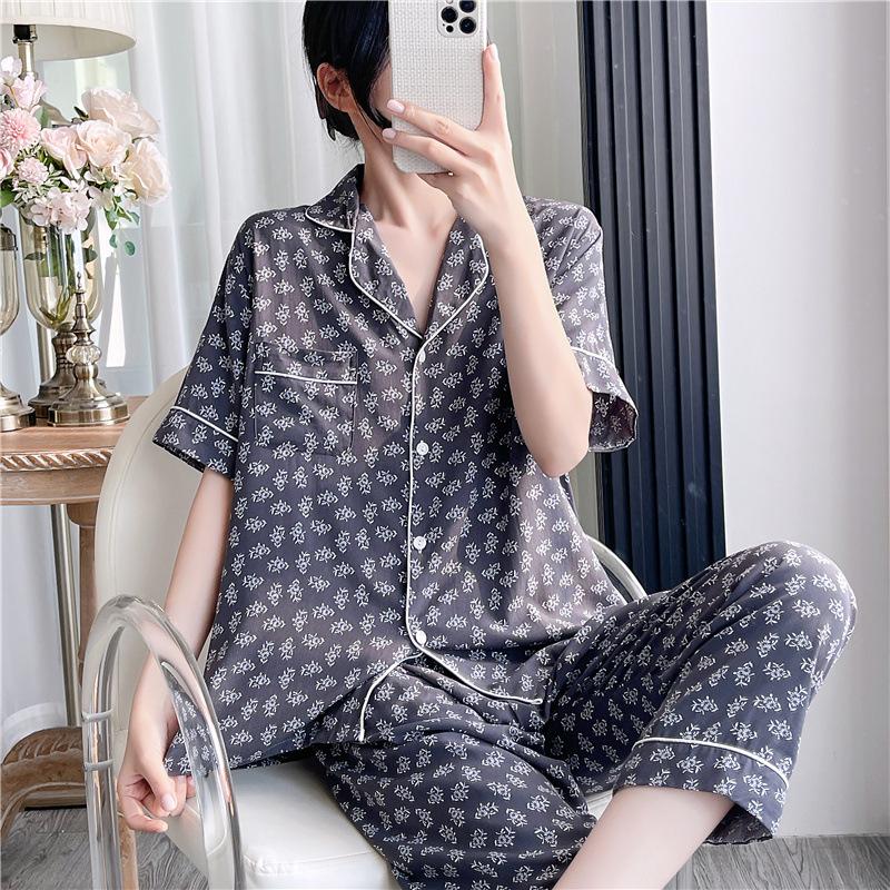 Korean version of sweet girl short-sleeved pajamas women's spring summer cotton and silk shirt collar can be worn outside loungewear princess