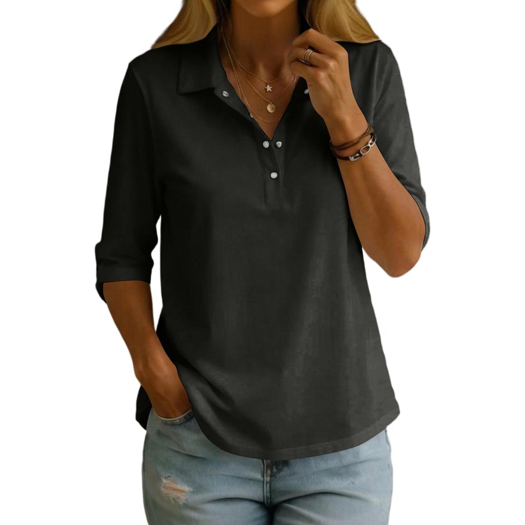 Damen-Poloshirt mit halber Knopfleiste, Mittellang, Lockerer Schnitt, Lässiges Oberteil, Geeignet für den Alltag und einen entspannten Stil