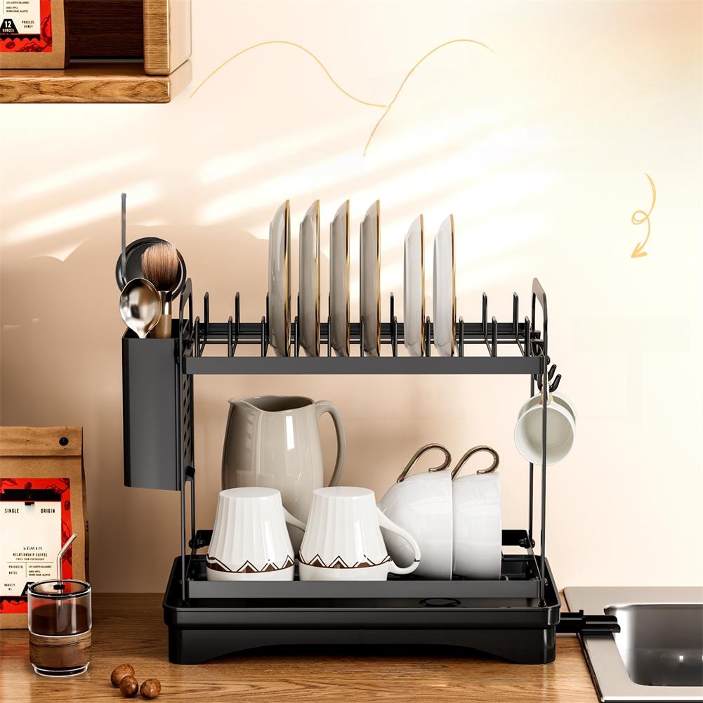Dish Drying Rack 34.5x18.5x29.5CM 2Tier Dish Drying Bracket Utensil Holder With Drip Tray For Kitchen Counter Storage Holders
