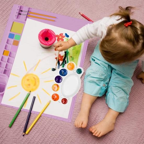 Silicone Painting Mat with Foldable Water Cup Brush Holder 14 Wells Washable Artist Kids DIY Painting Art Mat Drawing Supplies