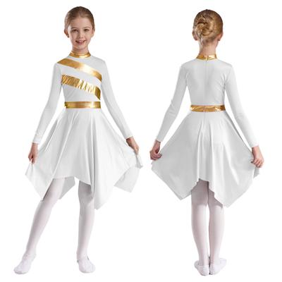 Kids Contemporary Dance Dress Contrast Metallic Fabric Asymmetrical Hem Long Sleeves