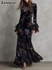 Vintage Floral Ruched Slim Fit Velvet Cheongsam Dress Long Sleeve Autumn Winter Formal Gown