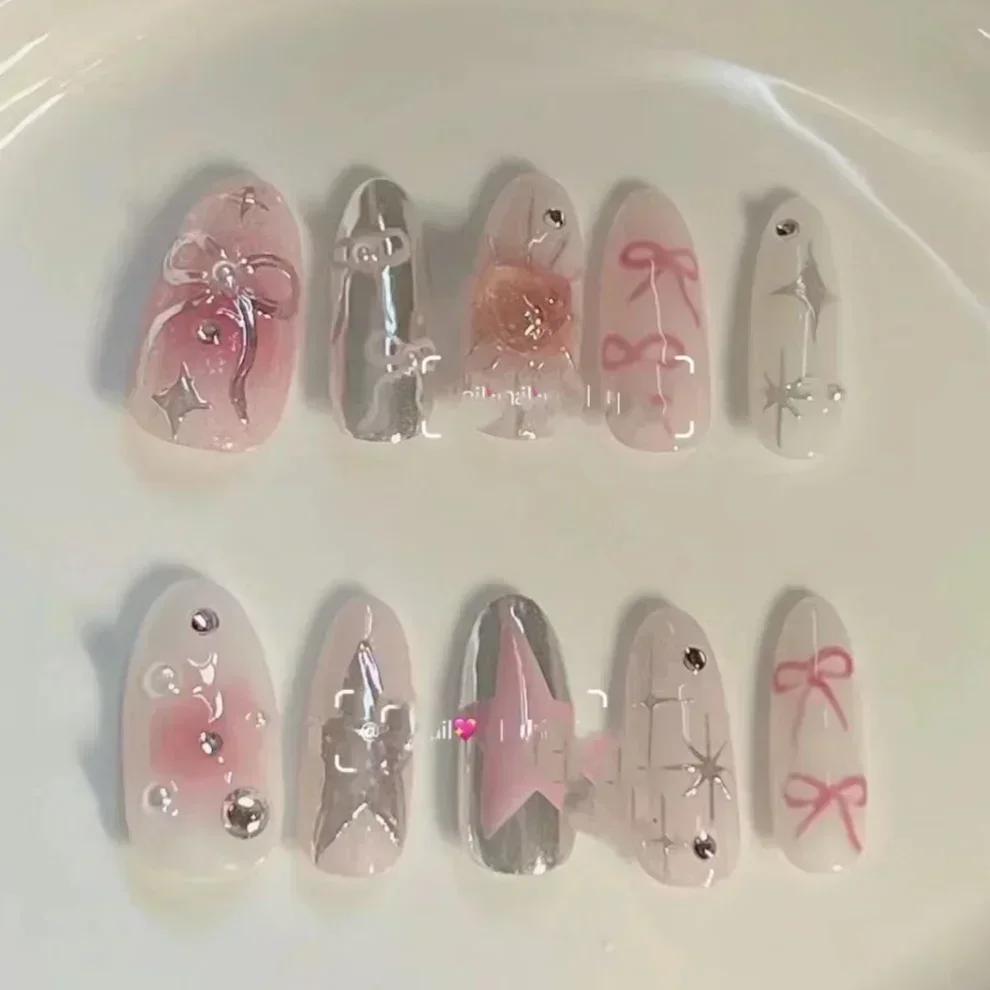 10Pcs Almond Press On Nails Handmade French Tip With Pearl Bowknot Diamond Heart Design Full Cover Fake Nail Tips