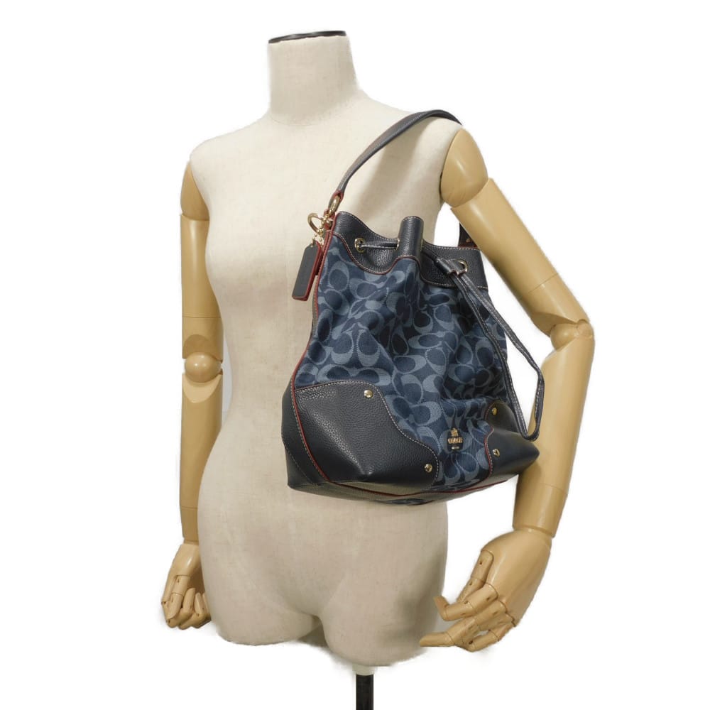 Used 9726 Signature Mickey Drawstring F37224 7922 Denim Jacquard Drawstring 2-Way Shoulder Bag Logo Denim Blue Women's