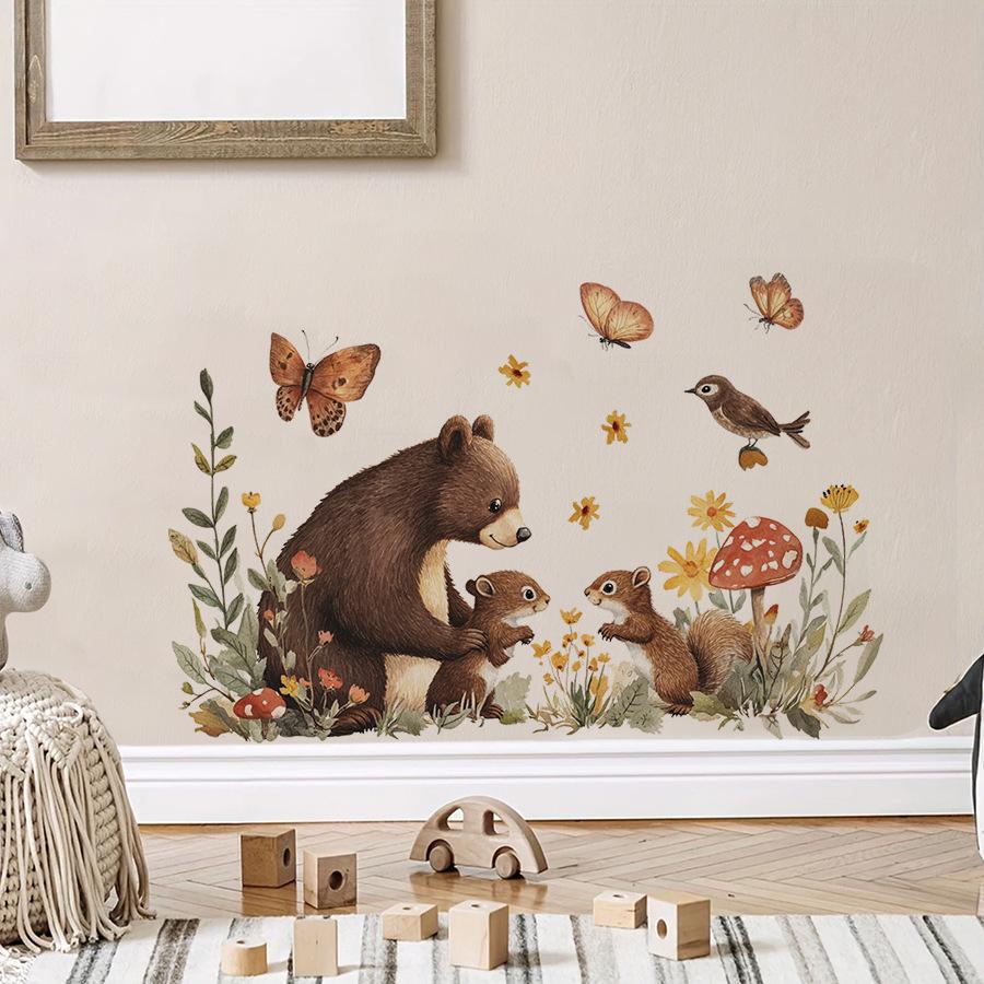 Self-adhesive Forest Style Bear and Squirrel Wall Stickers for Kids Room Bedroom Warm Home Decor