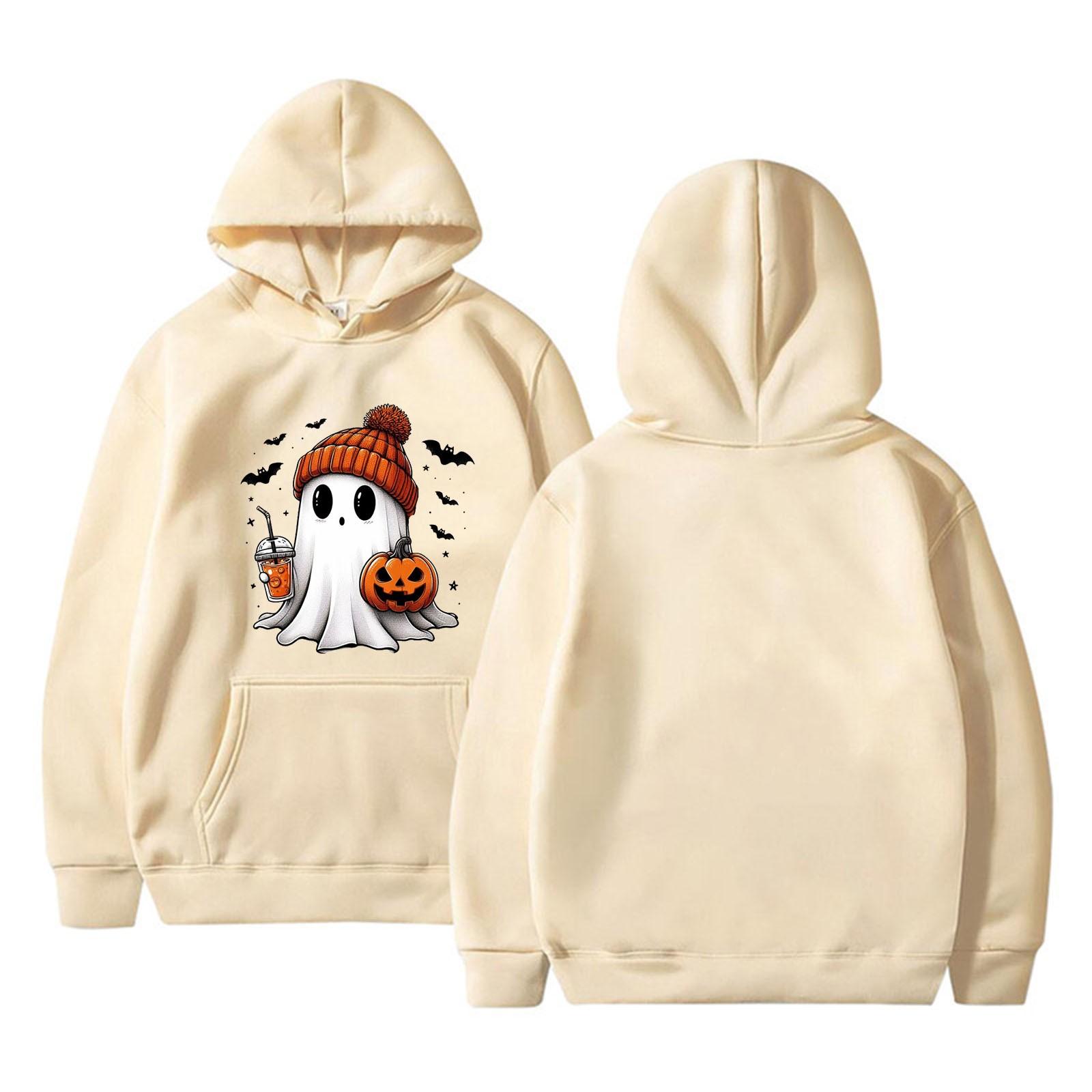 

Women s O-neck Long Sleeve Halloween Printed Top Solid Color Hoodie L бежевий