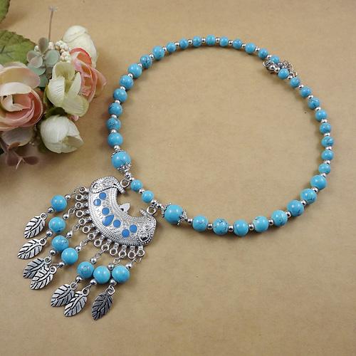 Bohemian Etnický Styl Přírodní Kámen Tyrkysy Náhrdelník Slitinový Přívěsek Kovový Peříček Střapec Náhrdelník Zirkonové Doplňky Ženský