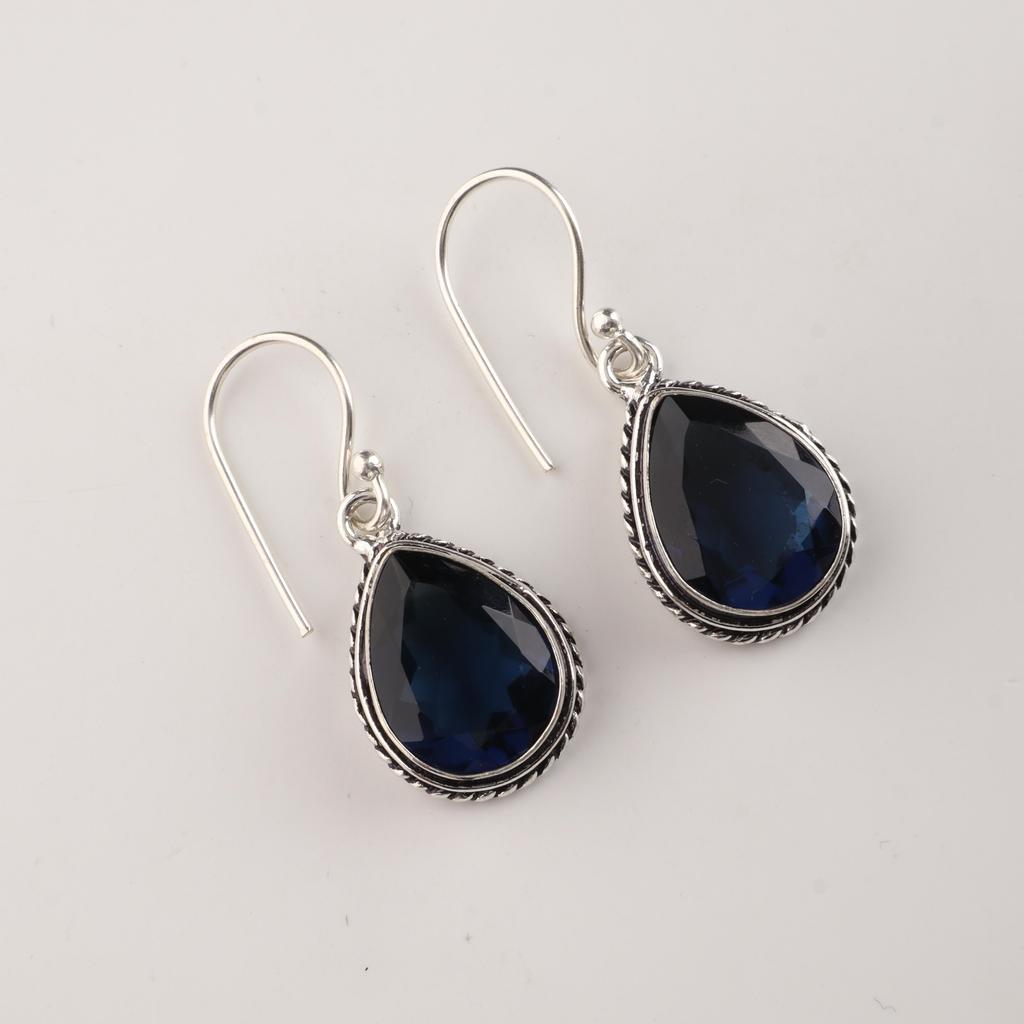 London Blue Topaz Gemstone Silver Jewelry Handmade Earrings 1.5", 925 Sterling Silver Topaz Jewelry AEE-2-14
