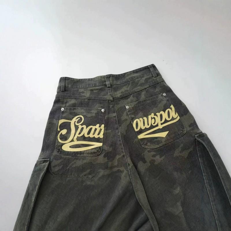 Men Women Loose Fit Cargo Shorts With Camo Print Drawstring Waist Denim Mid-Thigh Pants Casual Wear