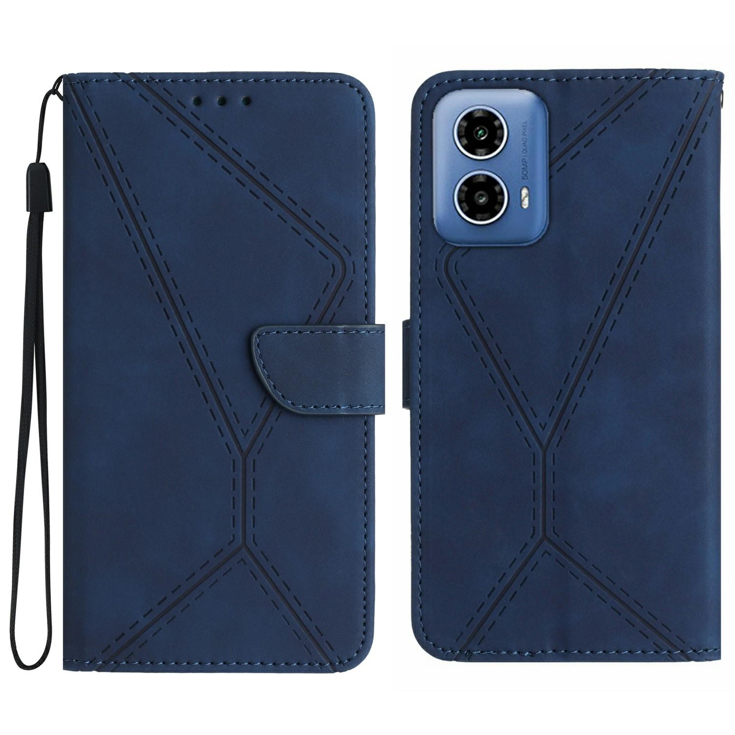 

HT05 For Motorola Moto G35 5G Case Skin-Touch Lines PU Leather Flip Phone Cover Blue