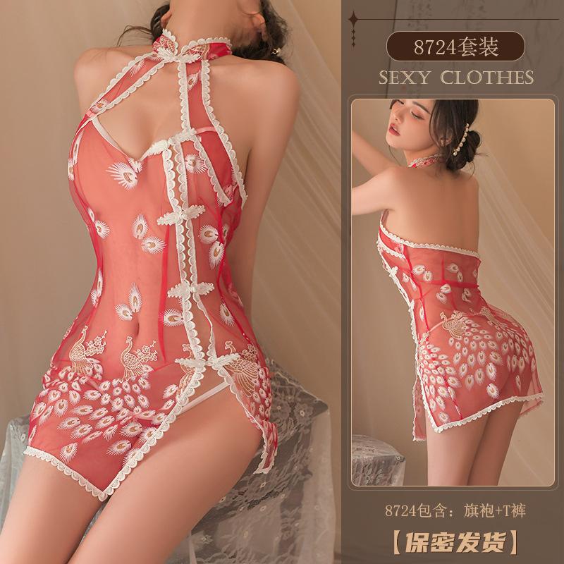 Original Erotic Underwear, Sexy Phoenix Print Cheongsam, Hot Mesh See-through Uniform, No-take Pajamas 8724
