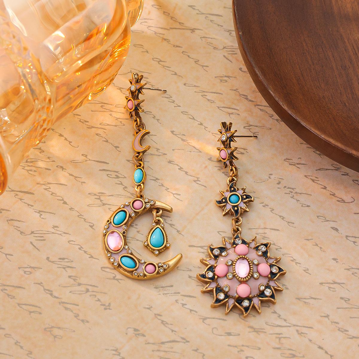 Creative Vintage Asymmetrical Long Earrings Fashionable Simple Cat Eye Stone Sun Moon Irregular