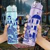 1 PZ Blu Santorini Edificio Stampa Mediterranea 750ml Colore Plastica Borraccia Sportiva Anti-perdita Tappo a Beccuccio Ribaltabile Adatta per Sport Ufficio Uso Domestico