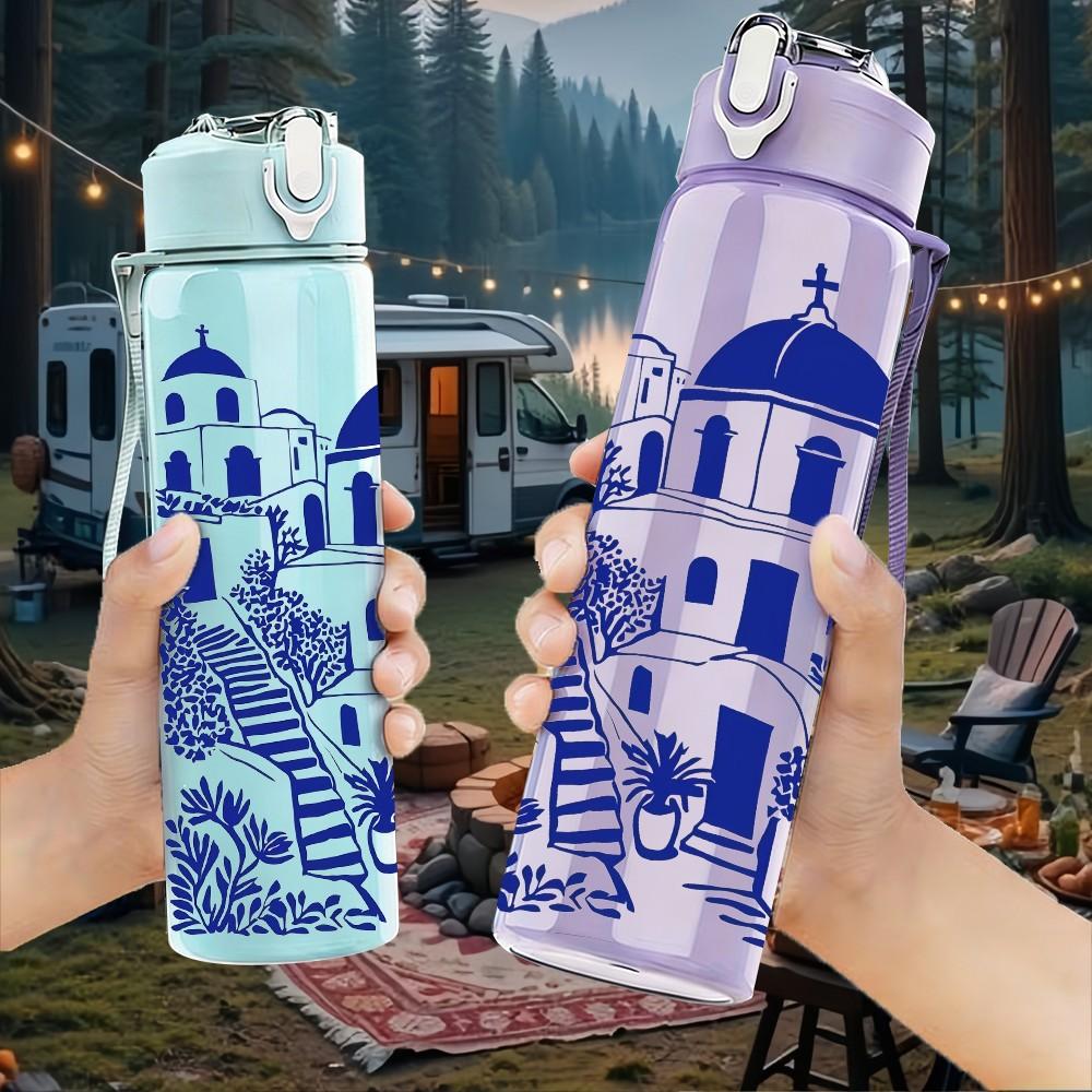 1 PZ Blu Santorini Edificio Stampa Mediterranea 750ml Colore Plastica Borraccia Sportiva Anti-perdita Tappo a Beccuccio Ribaltabile Adatta per Sport Ufficio Uso Domestico