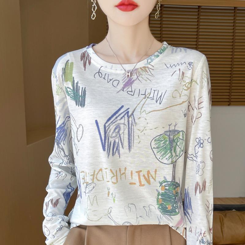Spring And Autumn Long Sleeve Retro Printed T-Shirts Women Basic Casual Tops Female Cozy Loose Tees Harajuku T Shirt