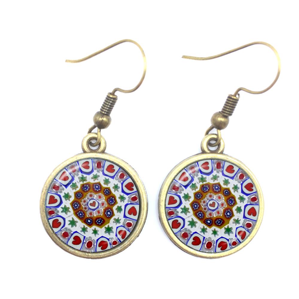 Murano Millefiori Drop Earrings MultiColour Flower 16mm Glass Cabochon Earring Jewelry For Women Girls Gift