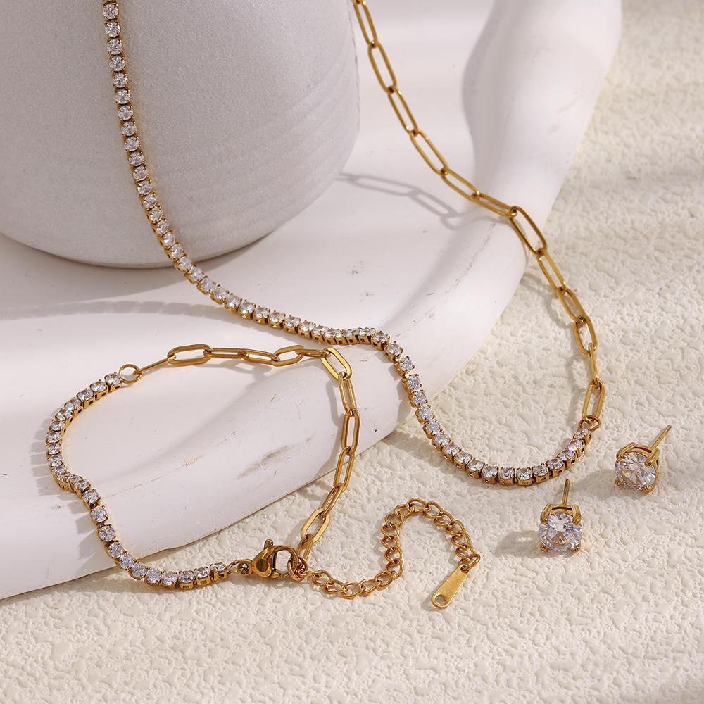 MamacitaSlay 316L Stainless Steel AAA Zircon Asymmetrical Necklace Bracelet Earrings 18K Gold Plated Waterproof Jewelry Set Gift