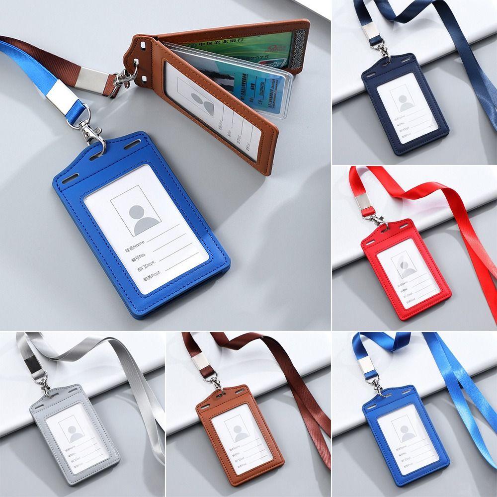 High Quality PU Leather Work Card Holder With Neck Lanyard Solid Color ID Card Cover Chest Cards Cases Business