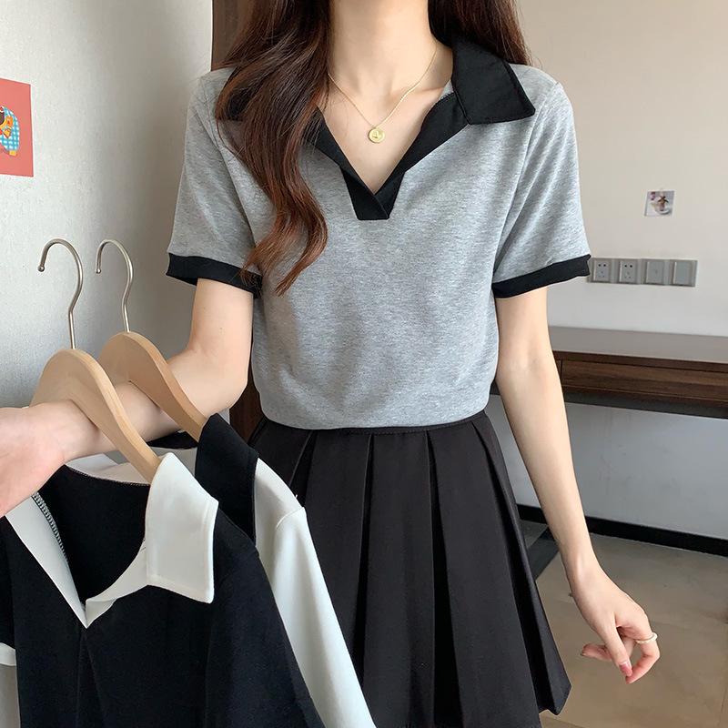 2026 Summer Color Block Polo Collar Slim Crop Top
